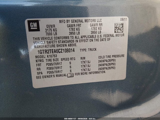 2012 Gmc Sierra 1500 Work Truck მანქანა იყიდება აუქციონზე, vin: 1GTR2TEA6CZ108014, აუქციონის ნომერი: 46061137