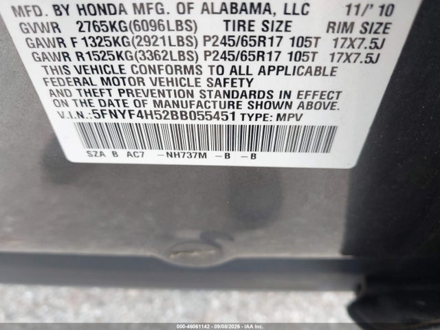 2011 Honda Pilot Ex-l მანქანა იყიდება აუქციონზე, vin: 5FNYF4H52BB055451, აუქციონის ნომერი: 46061142