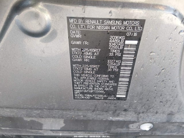 46061152 :رقم المزاد ، KNMAT2MT1GP725569 vin ، 2016 Nissan Rogue S مزاد بيع