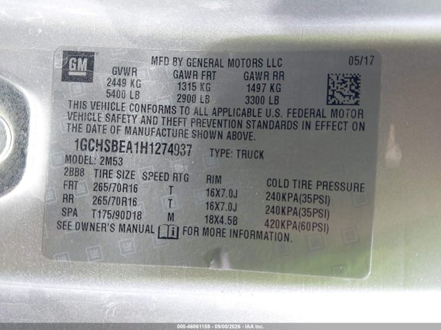 Chevrolet Colorado Wt 2017 1GCHSBEA1H1274937 Image 9