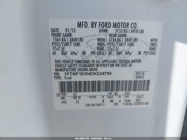 2013 Ford F-150 Xl მანქანა იყიდება აუქციონზე, vin: 1FTMF1EM4DKE24759, აუქციონის ნომერი: 46061160