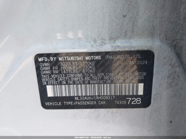 46061162 :رقم المزاد ، ML32AUHJ1RH009317 vin ، 2024 Mitsubishi Mirage Es/le مزاد بيع