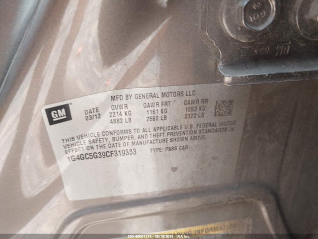 Продаж на аукціоні авто 2012 Buick Lacrosse Leather Group, vin: 1G4GC5G39CF319333, номер лоту: 46061178