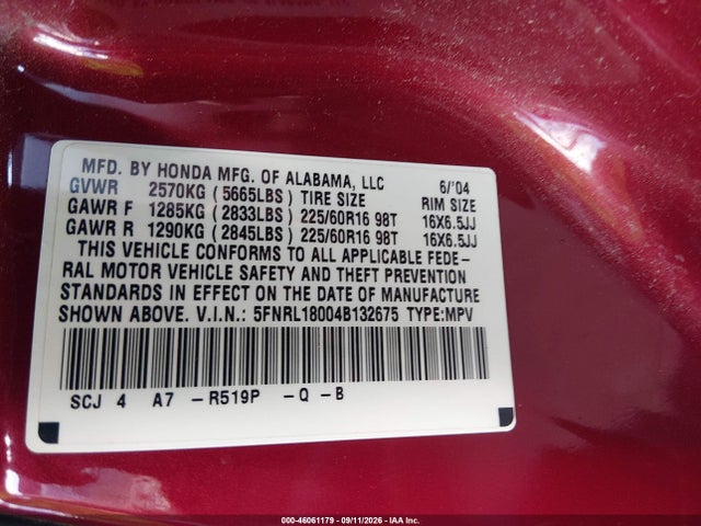 2004 Honda Odyssey Ex-l მანქანა იყიდება აუქციონზე, vin: 5FNRL18004B132675, აუქციონის ნომერი: 46061179