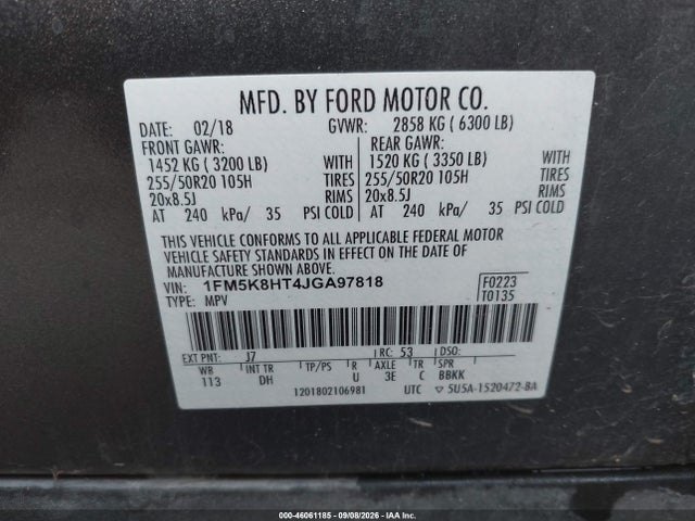 2018 Ford Explorer Platinum მანქანა იყიდება აუქციონზე, vin: 1FM5K8HT4JGA97818, აუქციონის ნომერი: 46061185