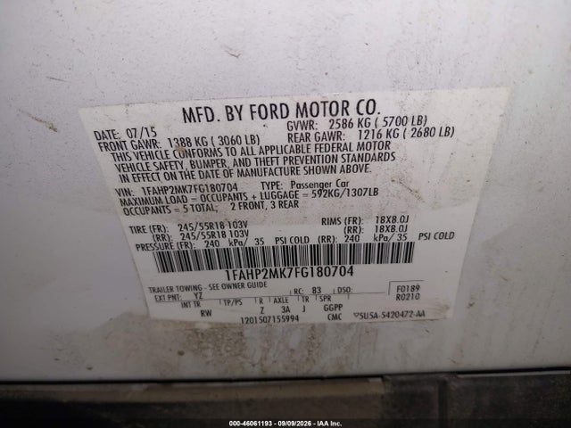 2015 Ford Police Interceptor მანქანა იყიდება აუქციონზე, vin: 1FAHP2MK7FG180704, აუქციონის ნომერი: 46061193