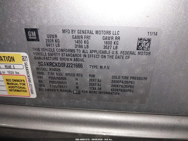 2015 Buick Enclave Premium მანქანა იყიდება აუქციონზე, vin: 5GAKRCKD0FJ221666, აუქციონის ნომერი: 46061215