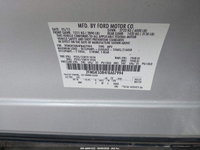Auction sale of the 2015 Ford Flex Limited, vin: 2FMGK5D84FBA07994, lot number: 46061222