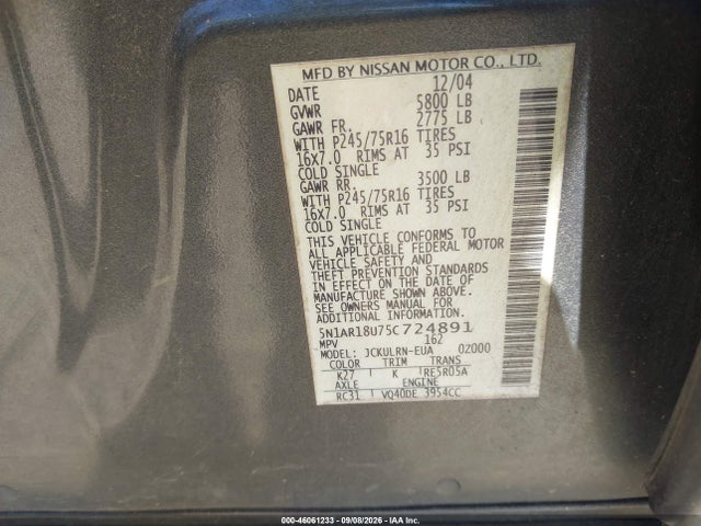 2005 Nissan Pathfinder Xe მანქანა იყიდება აუქციონზე, vin: 5N1AR18U75C724891, აუქციონის ნომერი: 46061233