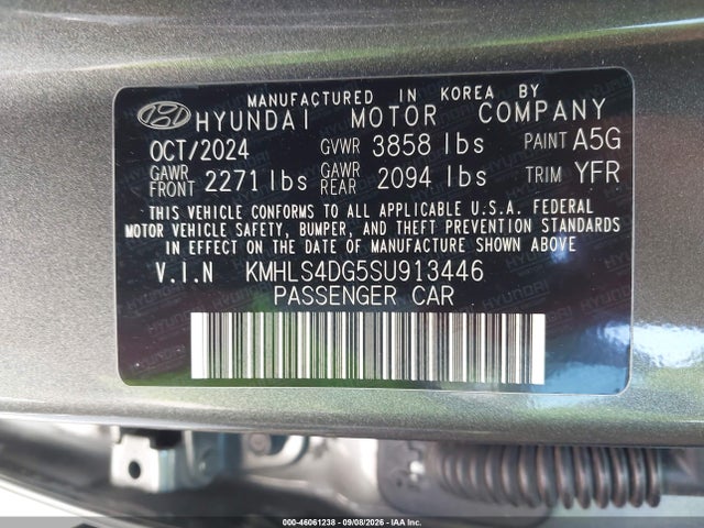 2025 Hyundai Elantra Sel Convenience მანქანა იყიდება აუქციონზე, vin: KMHLS4DG5SU913446, აუქციონის ნომერი: 46061238