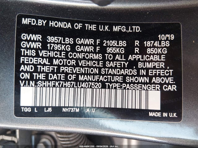 2020 Honda Civic Ex მანქანა იყიდება აუქციონზე, vin: SHHFK7H67LU407520, აუქციონის ნომერი: 46061255