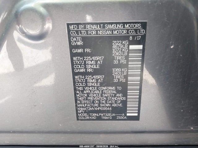 46061257 :رقم المزاد ، KNMAT2MVXHP619544 vin ، 2017 Nissan Rogue S مزاد بيع