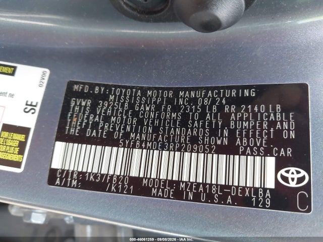 Продажа на аукционе авто 2024 Toyota Corolla Le, vin: 5YFB4MDE3RP209052, номер лота: 46061259