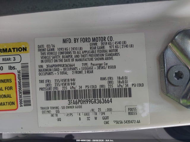 Продаж на аукціоні авто 2016 Ford Fusion Se, vin: 3FA6P0H99GR363664, номер лоту: 46061260