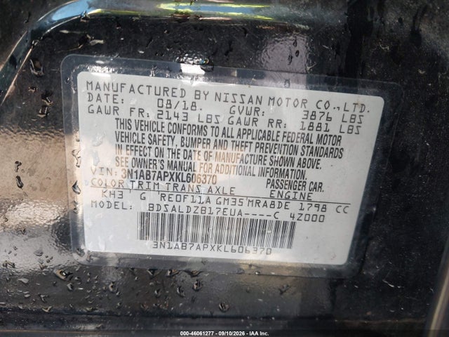 46061277 :رقم المزاد ، 3N1AB7APXKL606370 vin ، 2019 Nissan Sentra Sv مزاد بيع