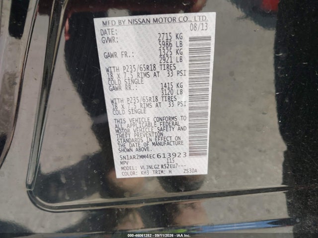 2014 Nissan Pathfinder Sl მანქანა იყიდება აუქციონზე, vin: 5N1AR2MM4EC613923, აუქციონის ნომერი: 46061282