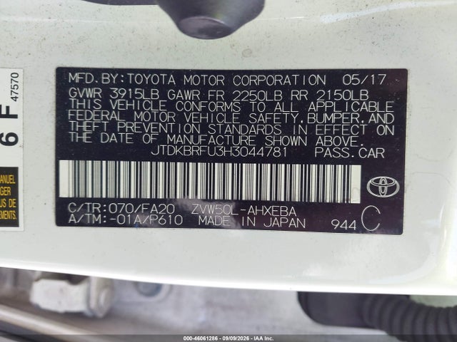 Продажа на аукционе авто 2017 Toyota Prius One, vin: JTDKBRFU3H3044781, номер лота: 46061286