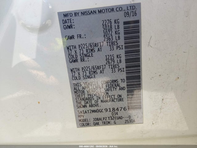 Продажа на аукционе авто 2016 Nissan Rogue S, vin: 5N1AT2MN0GC918476, номер лота: 46061292