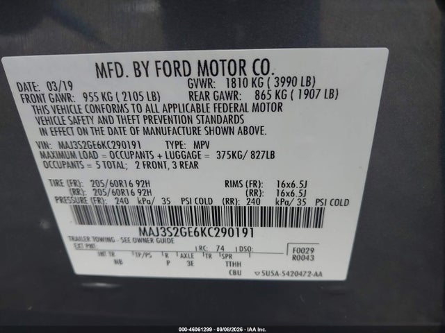 Продажа на аукционе авто 2019 Ford Ecosport Se, vin: MAJ3S2GE6KC290191, номер лота: 46061299