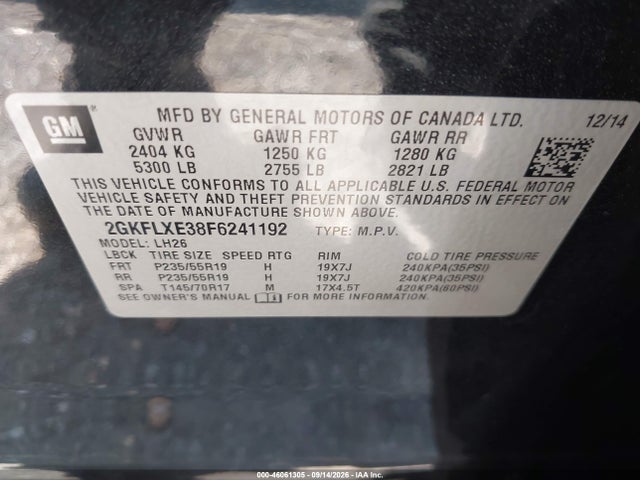 Aukcja sprzedaży 2015 Gmc Terrain Slt-1, vin: 2GKFLXE38F6241192, numer aukcji: 46061305