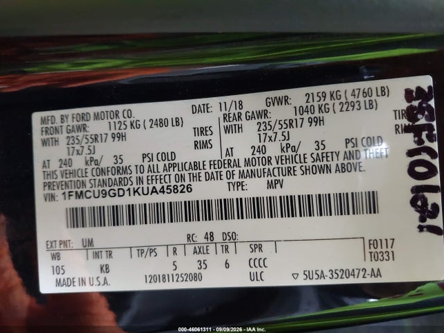 Продажа на аукционе авто 2019 Ford Escape Se, vin: 1FMCU9GD1KUA45826, номер лота: 46061311