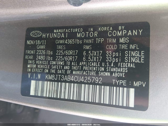 Aukcja sprzedaży 2012 Hyundai Tucson Gl, vin: KM8JT3AB4CU425792, numer aukcji: 46061312