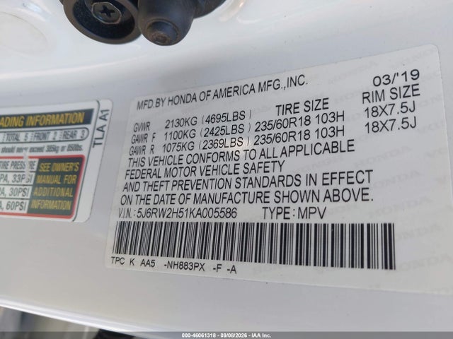 Aukcja sprzedaży 2019 Honda Cr-v Ex, vin: 5J6RW2H51KA005586, numer aukcji: 46061318