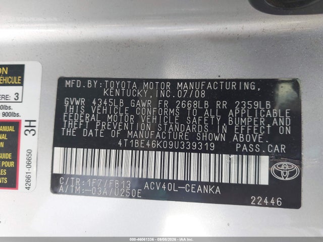 2009 Toyota Camry Le მანქანა იყიდება აუქციონზე, vin: 4T1BE46K09U339319, აუქციონის ნომერი: 46061336