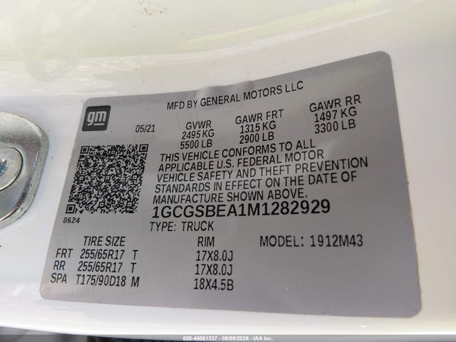 Aukcja sprzedaży 2021 Chevrolet Colorado 2wd  Short Box Wt, vin: 1GCGSBEA1M1282929, numer aukcji: 46061337