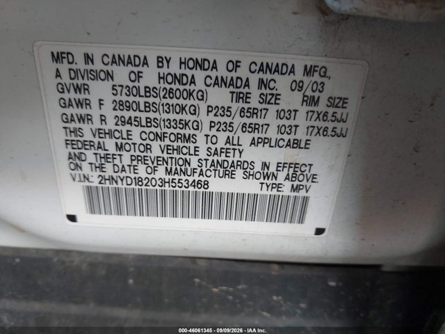 46061345 :رقم المزاد ، 2HNYD18203H553468 vin ، 2003 Acura Mdx مزاد بيع