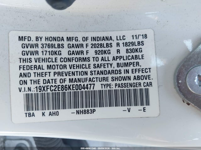 Aukcja sprzedaży 2019 Honda Civic Sport, vin: 19XFC2E86KE004477, numer aukcji: 46061346