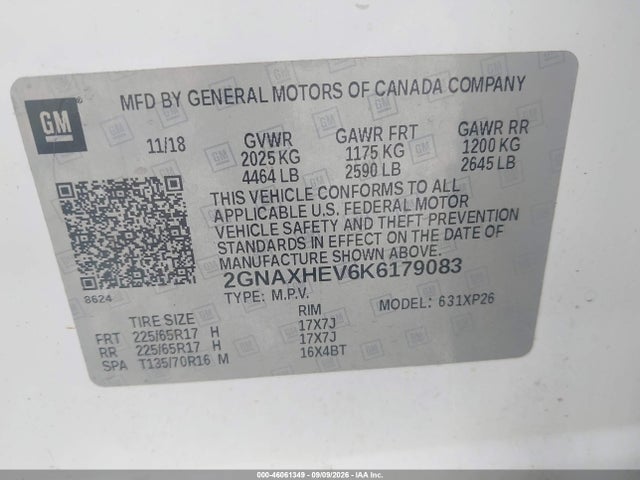 2019 Chevrolet Equinox Ls მანქანა იყიდება აუქციონზე, vin: 2GNAXHEV6K6179083, აუქციონის ნომერი: 46061349