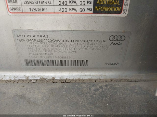 Aukcja sprzedaży 2007 Audi A3 2.0t, vin: WAUHF78P57A108899, numer aukcji: 46061354