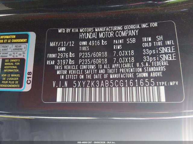46061357 :رقم المزاد ، 5XYZK3AB5CG161655 vin ، 2012 Hyundai Santa Fe Limited مزاد بيع