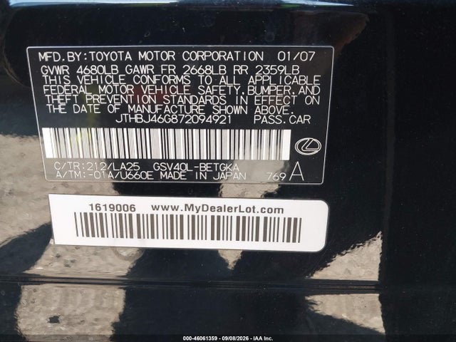 Продажа на аукционе авто 2007 Lexus Es 350, vin: JTHBJ46G872094921, номер лота: 46061359