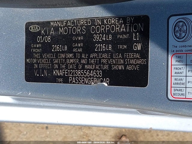 2008 Kia Spectra Ex მანქანა იყიდება აუქციონზე, vin: KNAFE121385564633, აუქციონის ნომერი: 46061360