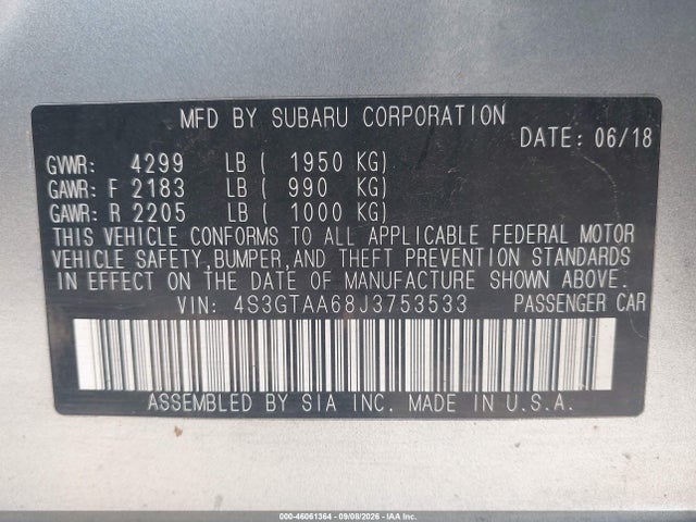 46061364 :رقم المزاد ، 4S3GTAA68J3753533 vin ، 2018 Subaru Impreza 2.0i مزاد بيع