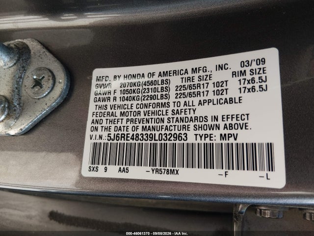 Продаж на аукціоні авто 2009 Honda Cr-v Lx, vin: 5J6RE48339L032963, номер лоту: 46061370