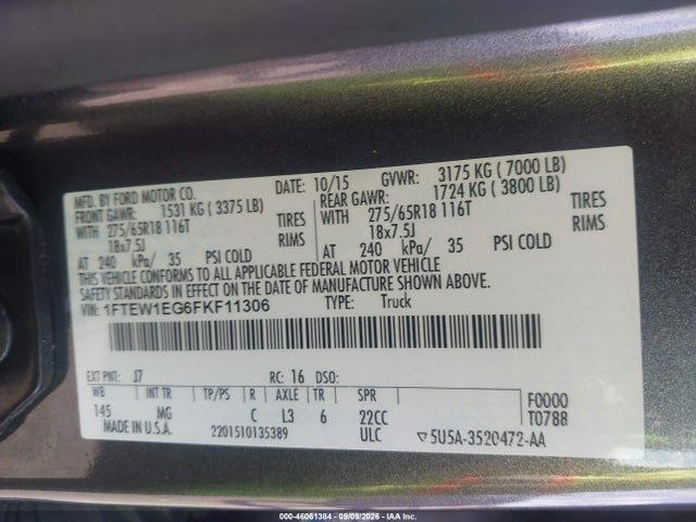 46061384 :رقم المزاد ، 1FTEW1EG6FKF11306 vin ، 2015 Ford F-150 Xlt مزاد بيع