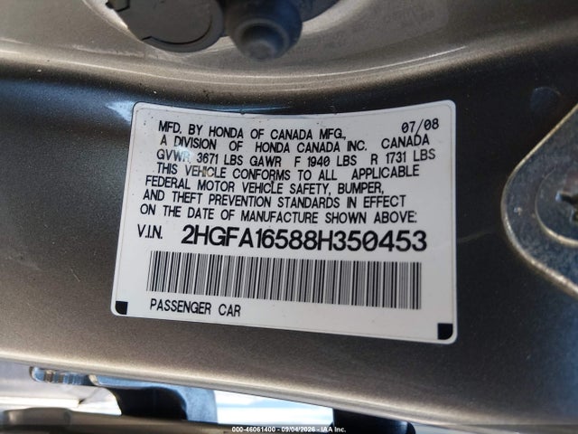 Aukcja sprzedaży 2008 Honda Civic Lx, vin: 2HGFA16588H350453, numer aukcji: 46061400