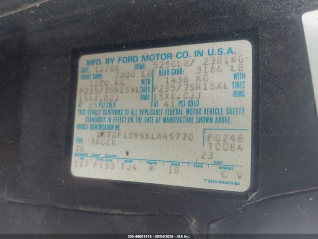 46061416 :رقم المزاد ، 1FTDF15Y9KLA49770 vin ، 1989 Ford F150 مزاد بيع