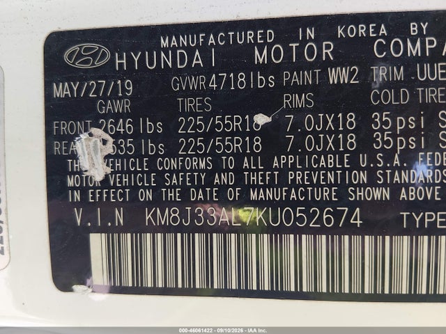 Продажа на аукционе авто 2019 Hyundai Tucson Sel, vin: KM8J33AL7KU052674, номер лота: 46061422