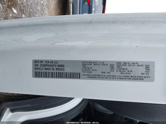 Aukcja sprzedaży 2026 Ram Promaster 3500 Tradesman High Roof 159 Wb W/pass Seat, vin: 3C6MRVHG0TE180959, numer aukcji: 46061433