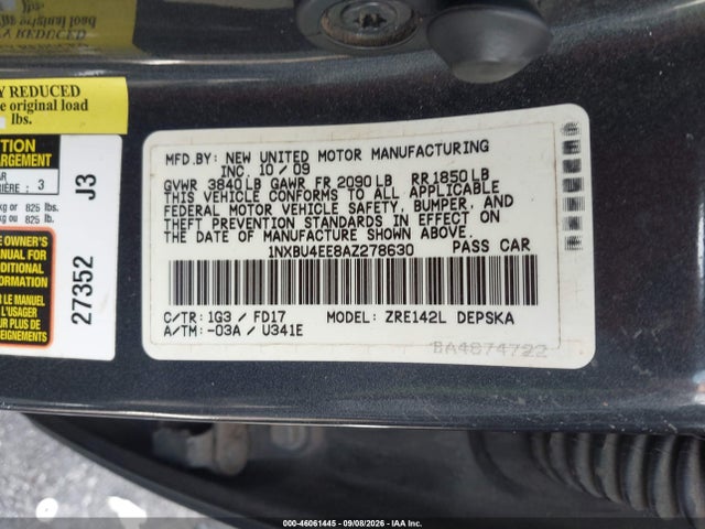 Aukcja sprzedaży 2010 Toyota Corolla S, vin: 1NXBU4EE8AZ278630, numer aukcji: 46061445