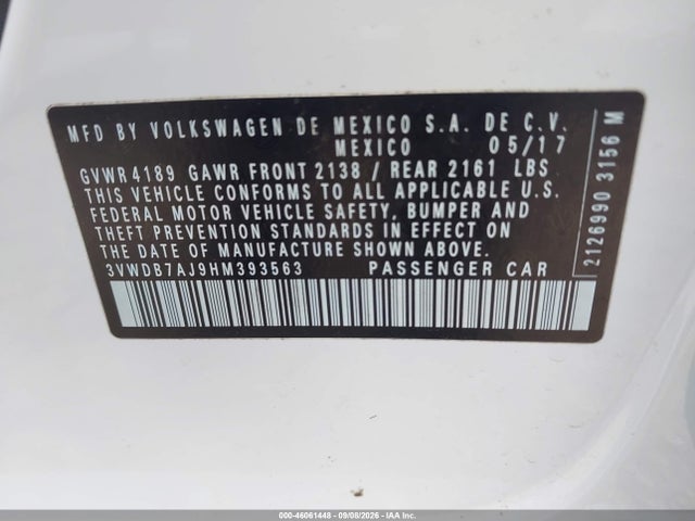 2017 Volkswagen Jetta 1.4t Se მანქანა იყიდება აუქციონზე, vin: 3VWDB7AJ9HM393563, აუქციონის ნომერი: 46061448