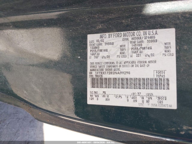46061451 :رقم المزاد ، 1FTRX17282NA99298 vin ، 2002 Ford F-150 Xl/xlt مزاد بيع
