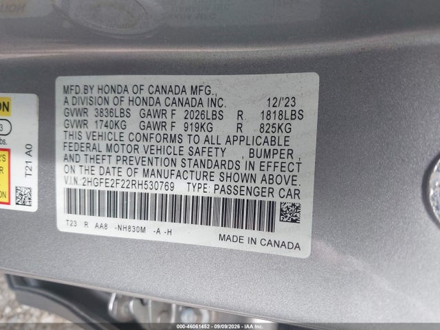 46061452 :رقم المزاد ، 2HGFE2F22RH530769 vin ، 2024 Honda Civic Lx مزاد بيع