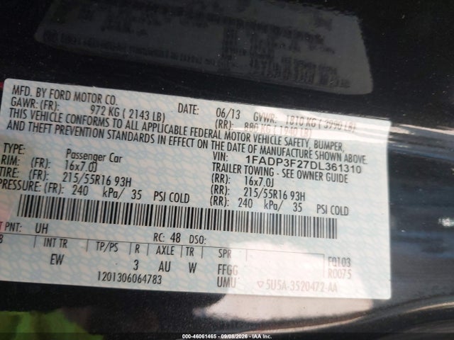 Продажа на аукционе авто 2013 Ford Focus Se, vin: 1FADP3F27DL361310, номер лота: 46061465