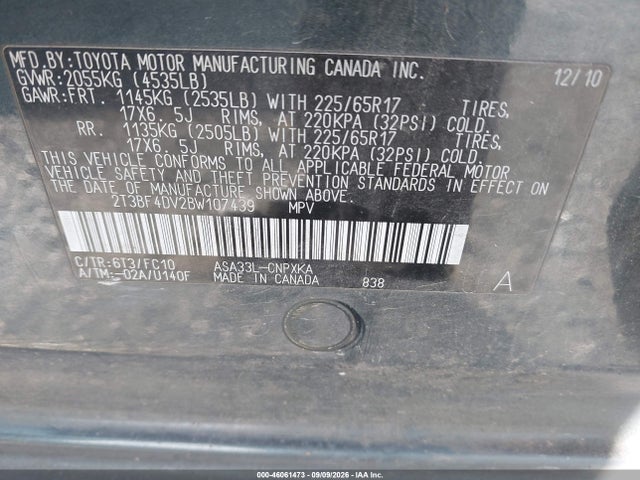 Продаж на аукціоні авто 2011 Toyota Rav4, vin: 2T3BF4DV2BW107439, номер лоту: 46061473