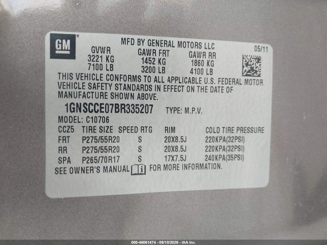 Продажа на аукционе авто 2011 Chevrolet Tahoe Ltz, vin: 1GNSCCE07BR335207, номер лота: 46061474